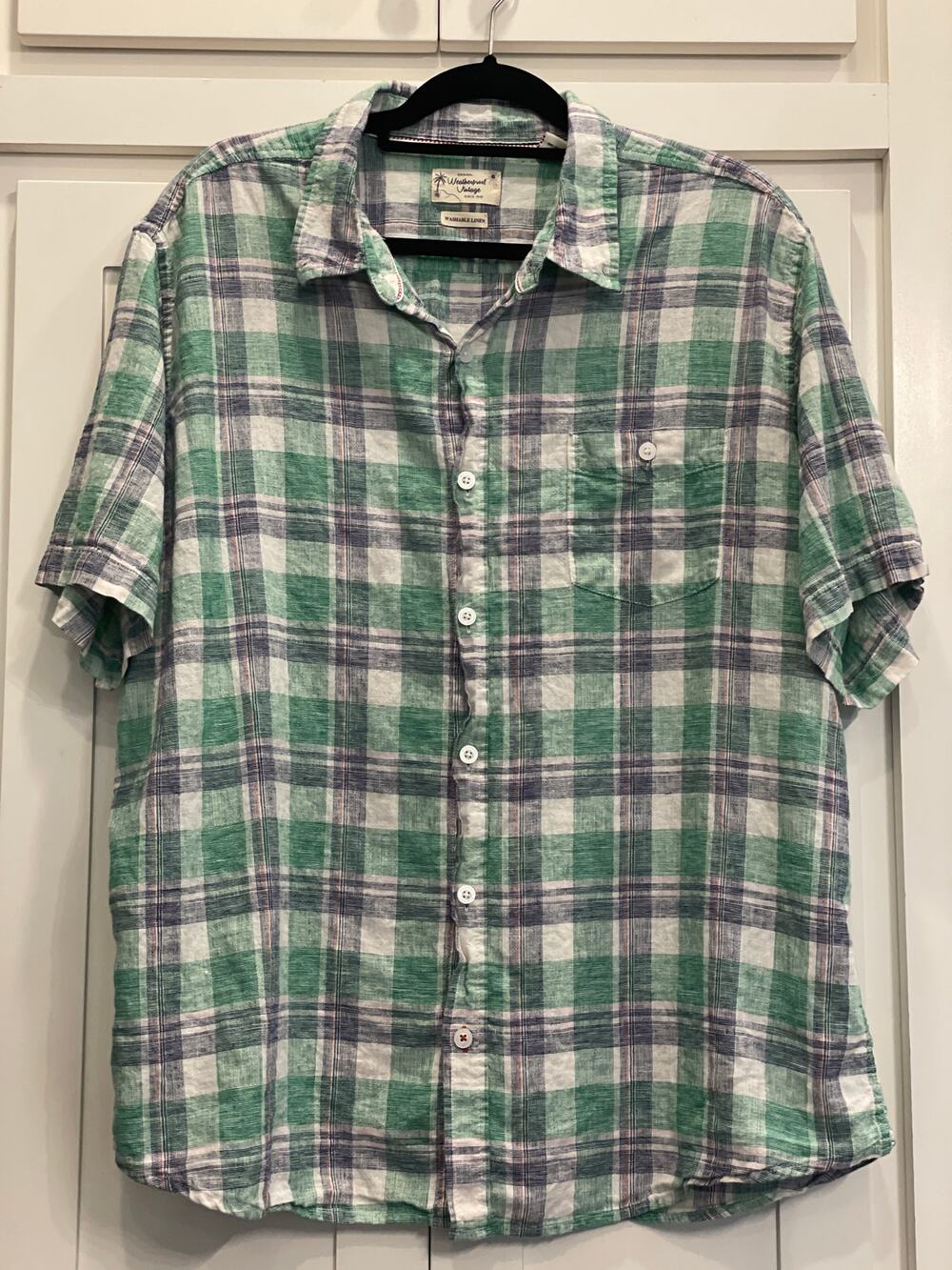 Weatherproof Vintage Green plaid washable linen button up 2XL